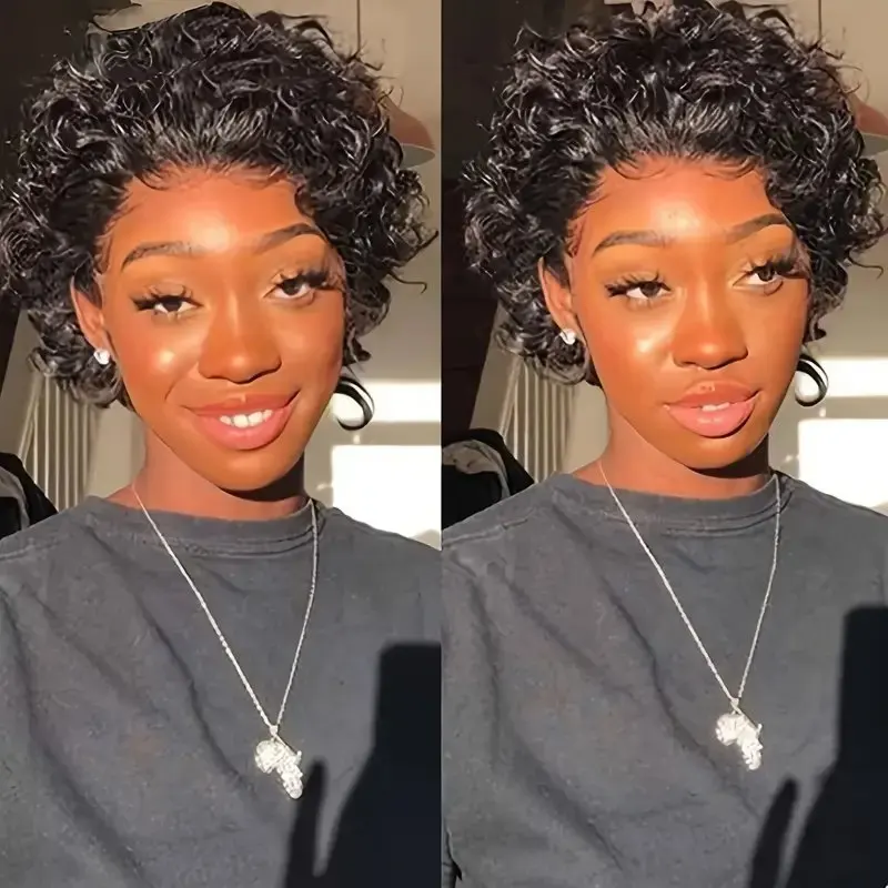 Short Pixie Cut Wig for Women 180% Density Brazilian Remy Human Hair Curly Wave with Lace Front 13x1