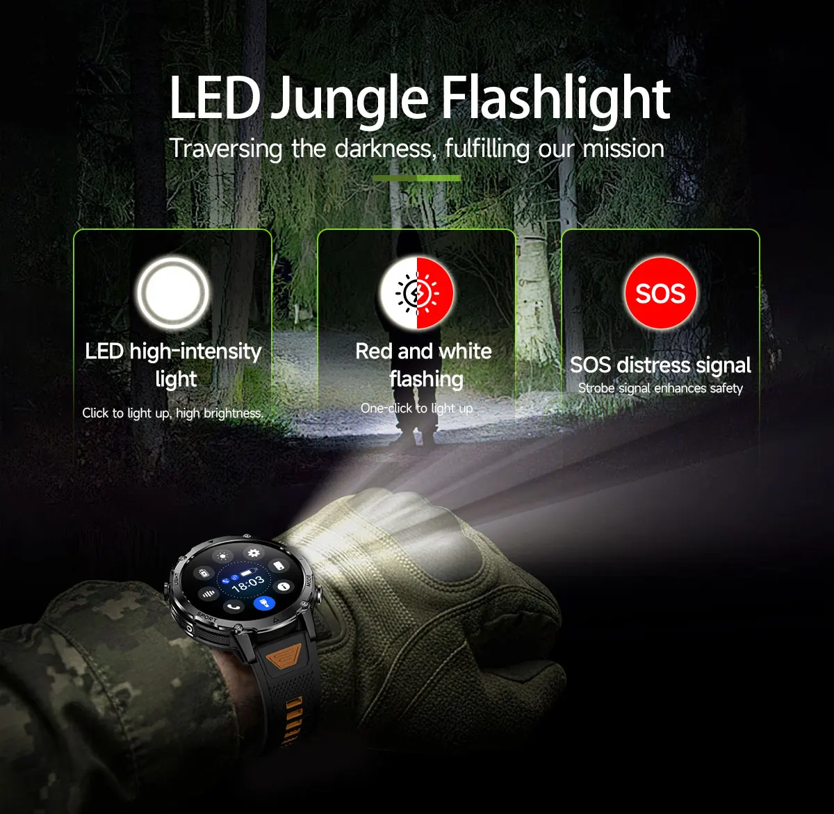 Robuste und langlebige 1400mAh Batterie Smartwatch für Herren Outdoor-Taschenlampe IPX8 Wasserdicht Herzfrequenzmessung Drahtlose Anruffunktion Sportarmbänder – Detail 8