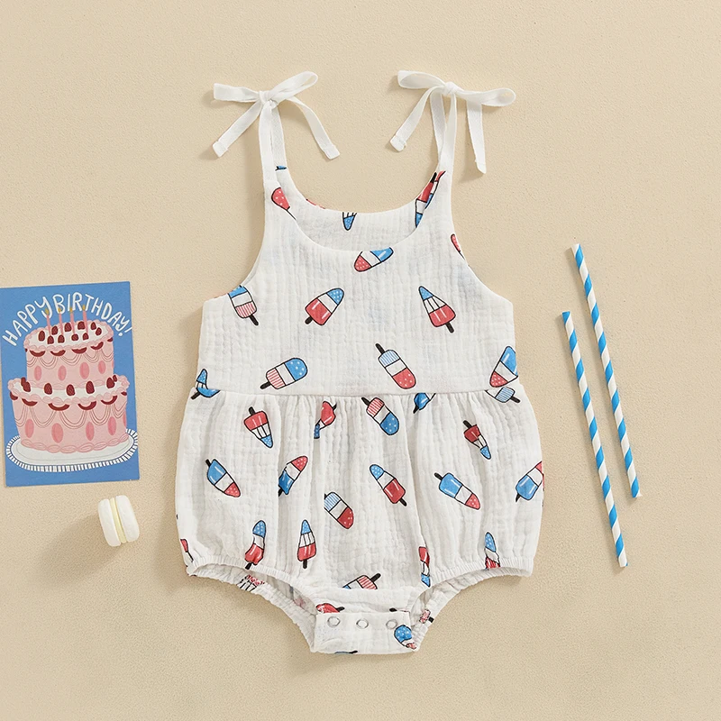 

Adorable Baby Girl 4th of July Romper with Watermelon Print and Ruffle Sleeves for Infant Toddler Summer Outfit Cute Clothes