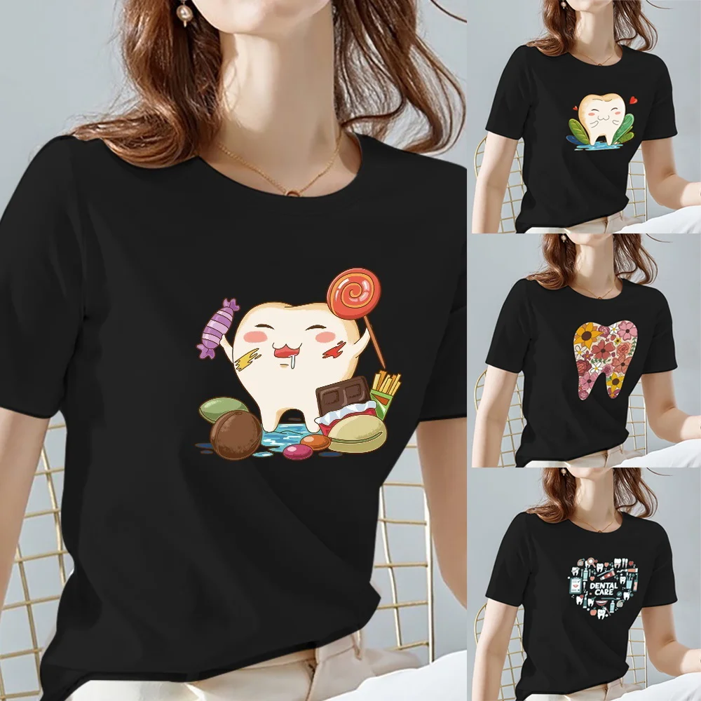 Women Tshirts Summer Teeth Pattern Print Female Tops Tee Casual Black and White Basis Ladies T-shirt Women Clothing