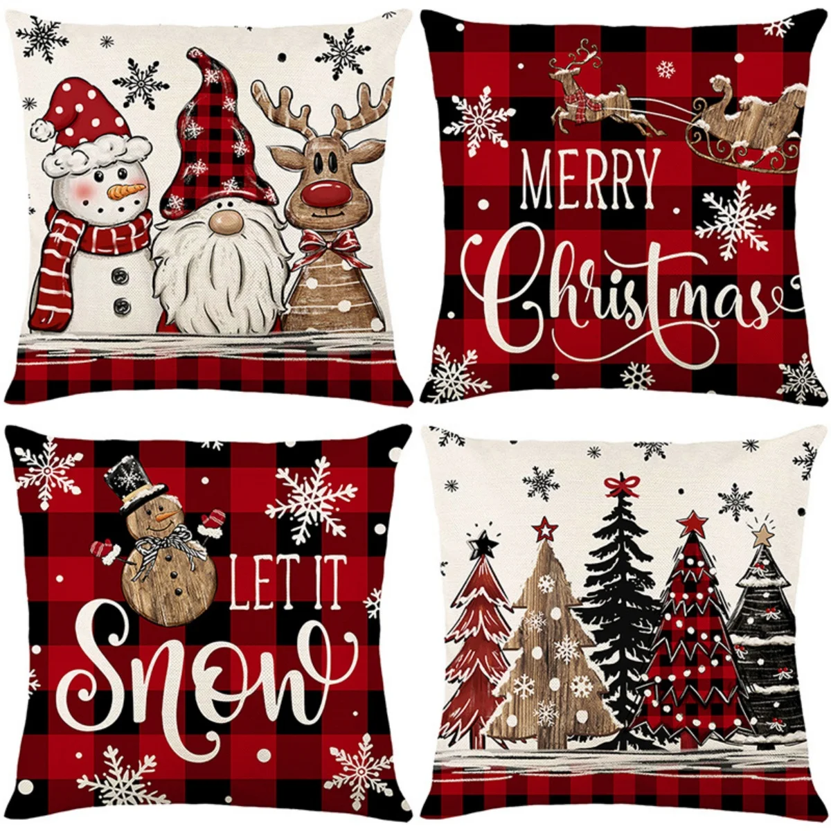 Red Buffalo Plaid Gnome Snowman Christmas Print Pillow Covers Set of 4, Winter Holiday Cushion Cases for Sofa Home Decor