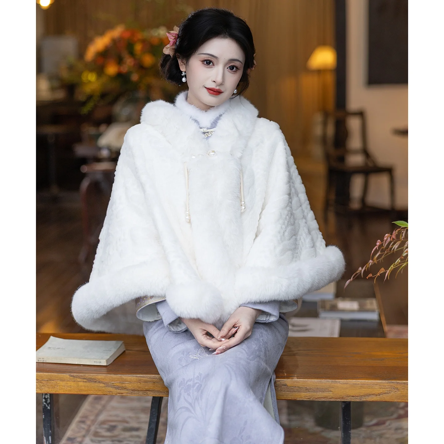 

Белое пушистое утепленное свадебное/праздничное пальто/накидка в китайском стиле для помолвки, теплое, ретро, однотонное