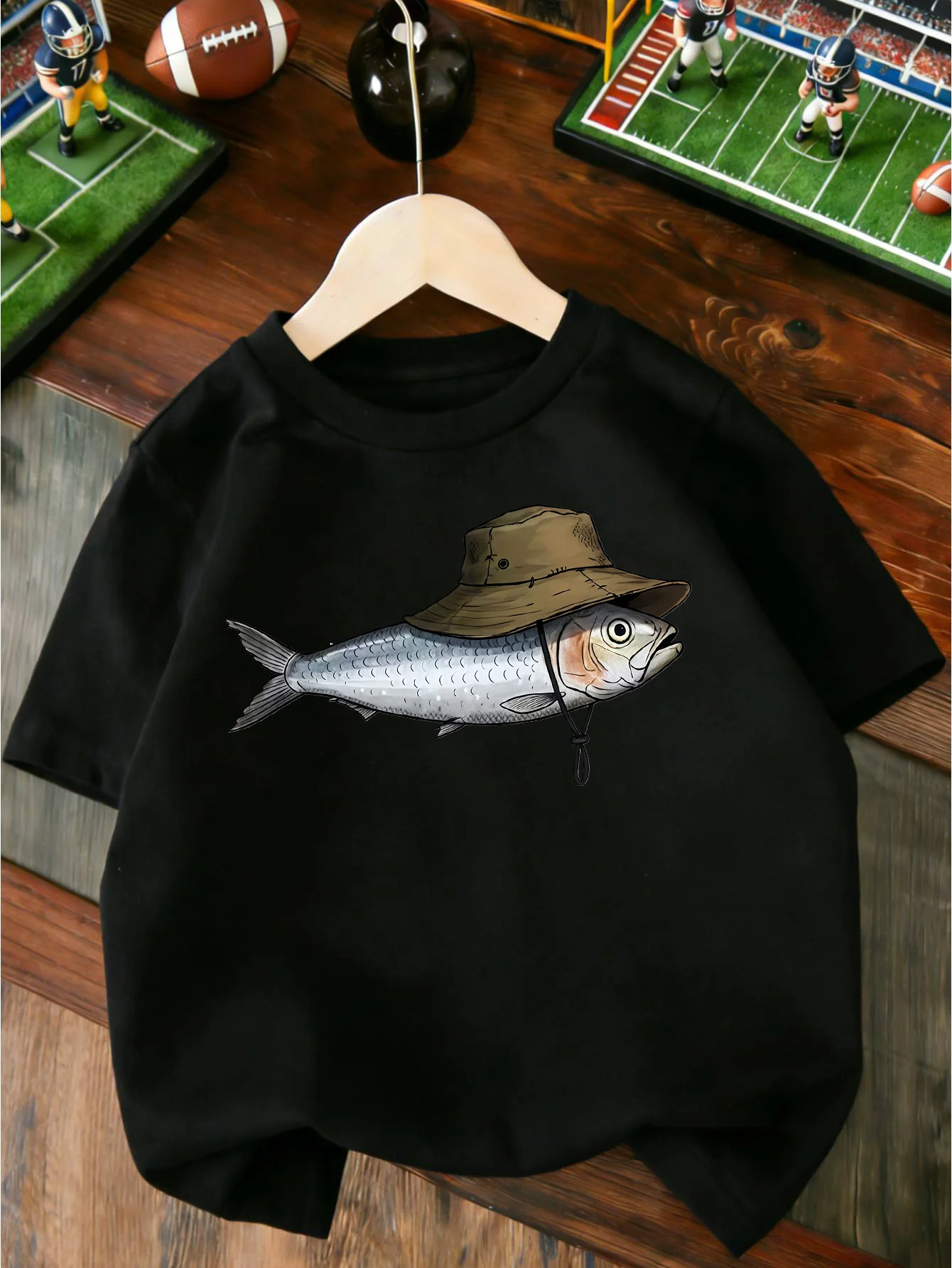 Funny Fish Wearing Fisherman Hat Fishing Print T Shirt Boys Girls Lovely Short Sleeve Tee Family Matching Soft Cotton Kids Tops