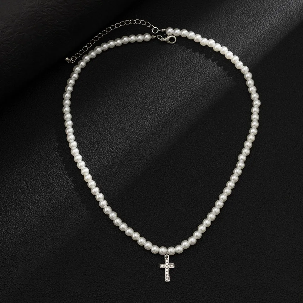 Pearl Beads Chain Cross Pendants Necklace Men Trendy White Beaded Choker Shiny Rhinestone 2023 Fashion Jewelry Male