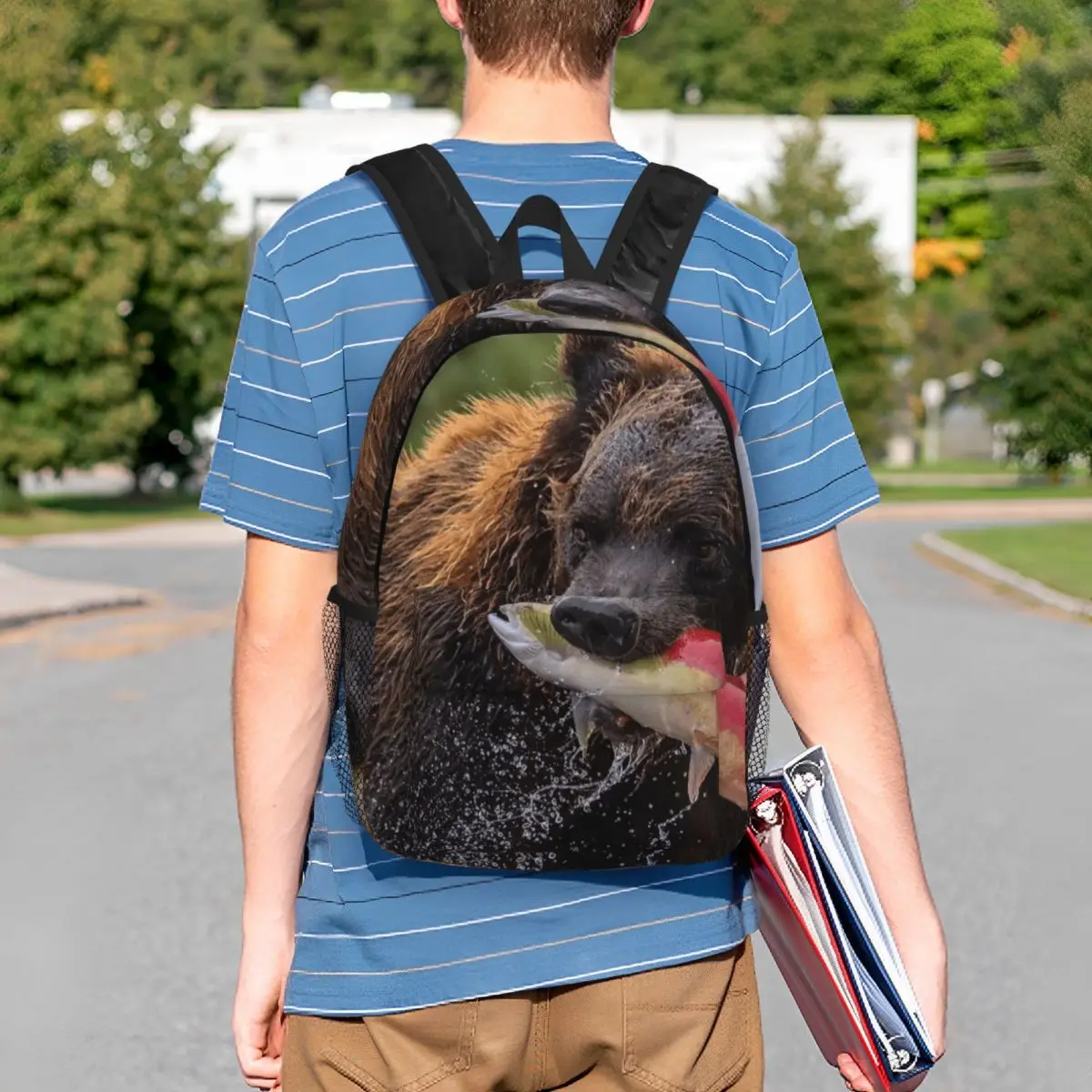 Grizzly Bear Nature Eating Fish In A Stream Backpack Student BookBag Children School Bag Computer Shoulder Bags for Men Women