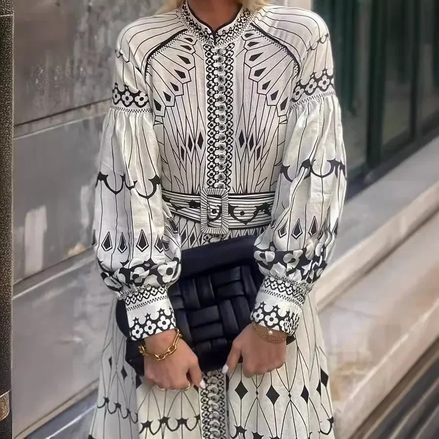 Spring and Summer New Court Style Temperament Elegant Long-sleeved Belt Buckle Print Dress Women