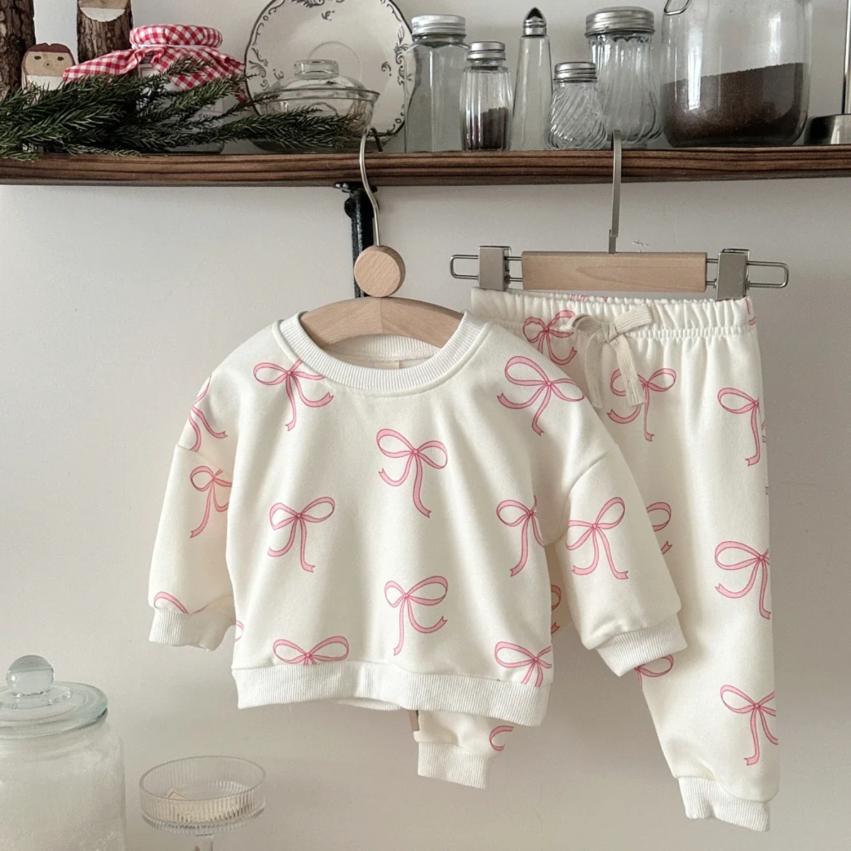 Autumn Toddler Baby Girls Outfit Pink Bow Print Long Sleeved Pullover Elastic Waist Bow Embroidered Pants Spring Clothes