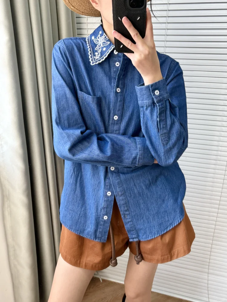 Blue Denim Shirt with Hollowed Out Embroidery Lapel Top, Women's 2025 Early Spring New Item Long Sleeve Top shirts  blouses