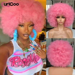 Cabelo Curto Afro Kinky Curly Perucas com Franja para Mulheres Negras, Peruca Sintética Lolita, Ombre, Azul, Rosa, Preto, Cosplay