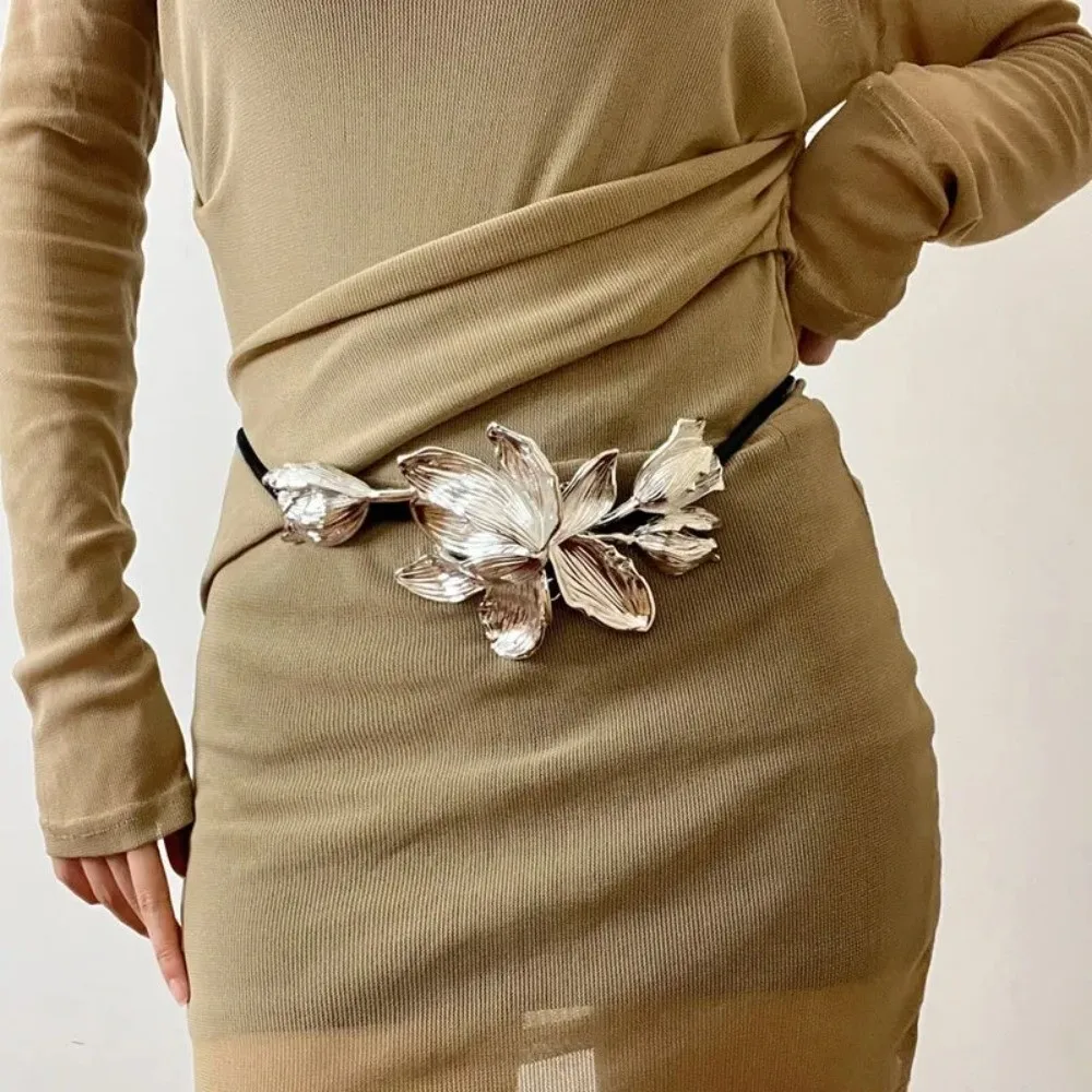 Versatile Adjustable Golden Tulip Belt Vintage PU Metal Flower Waist Chain Waistband Silver Exaggerated Belt Cool Girls