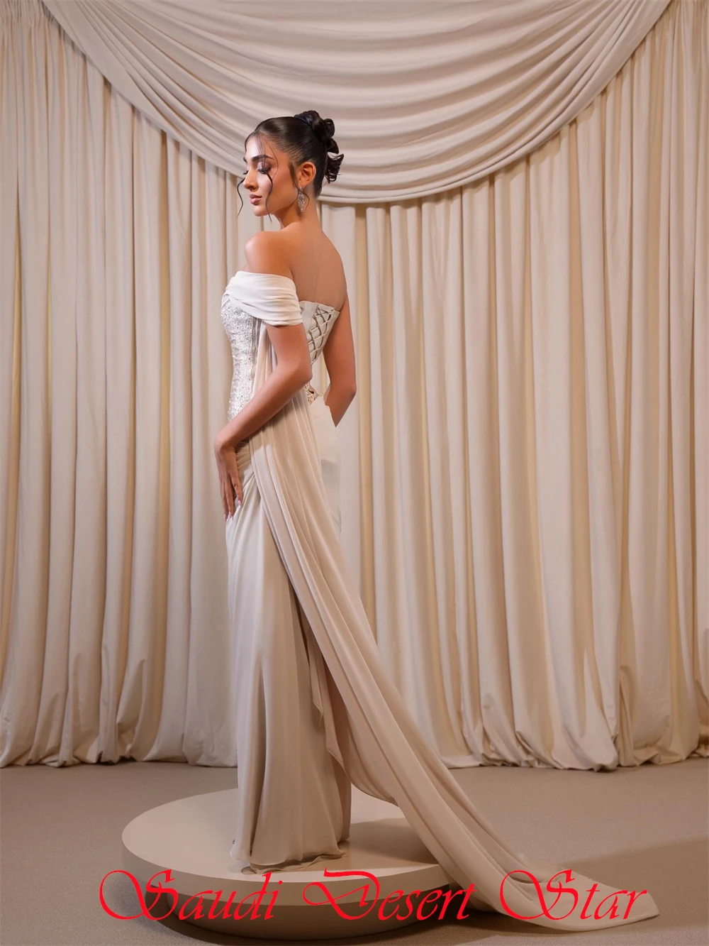 Robe de soirée en mousseline de soie beige, personnalisée, Simple, élégante, asymétrique épaule dénudée, sans bretelles, classique, cristal, dos à lacets, robe de bal