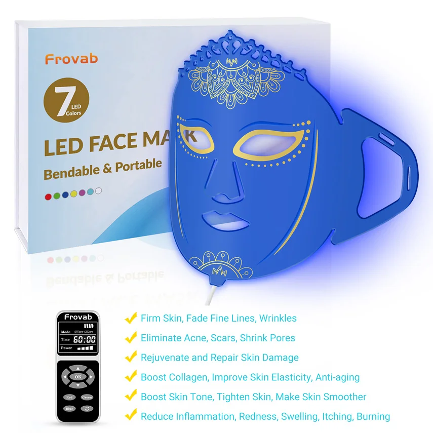 Frovab 7 Colors Led Face Light Therapy Facial Beauty Device Phototherapy for Skin Rejuvenation Whitening Fade Scars Acne