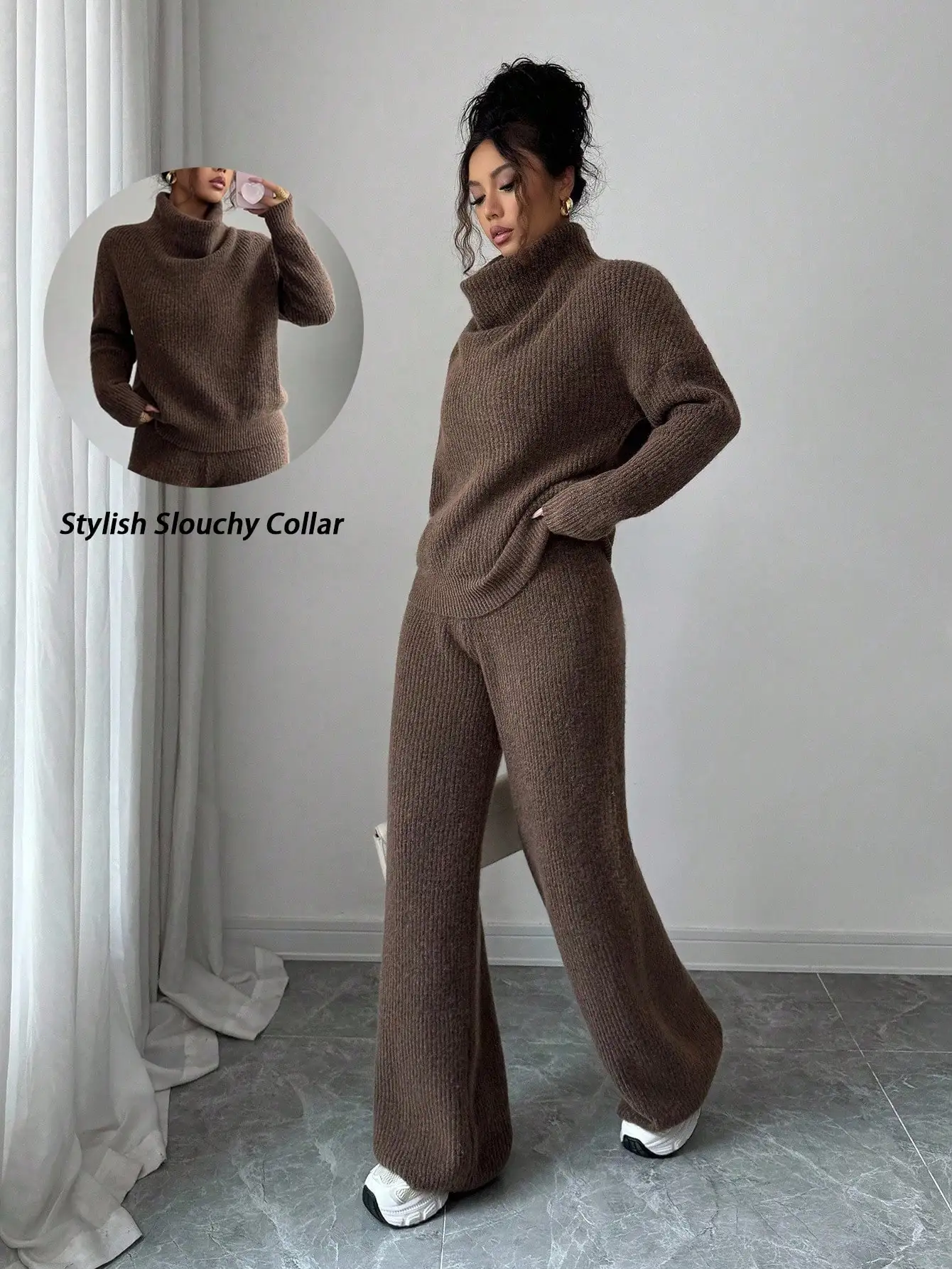 

Elegant Casual Loose Camel Knit Sweater And Pants Two Piece Set For Autumn Winter