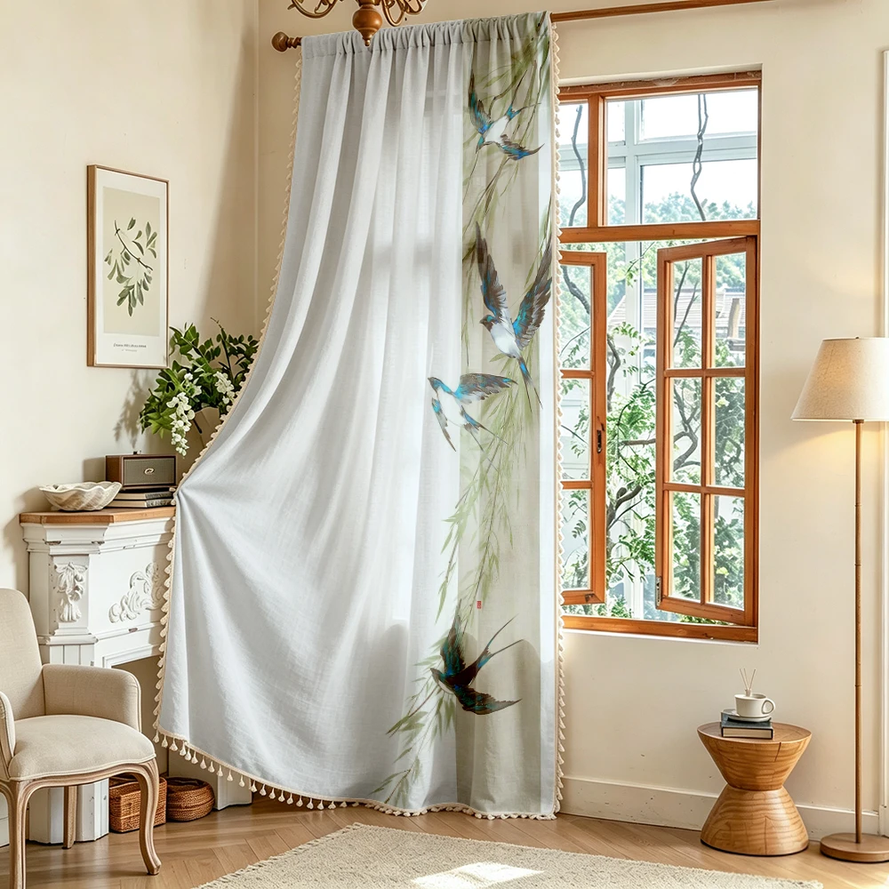 1PC Animal Tassel Sheer Curtains, Swallow Willow Branch, Digital Print, Polyester, Bedroom Living Room, Rod Pocket, Home Decor
