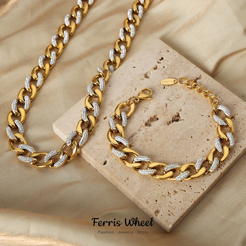 

Stainless Steel Cuban Chain Necklace Bracelet for Women CZ Inlaid Luxury Charm Bangle Hip Hop Cool Jewelry Gift