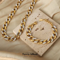 Stainless Steel Cuban Chain Necklace Bracelet for Women CZ Inlaid Luxury Charm Bangle Hip Hop Cool Jewelry Gift