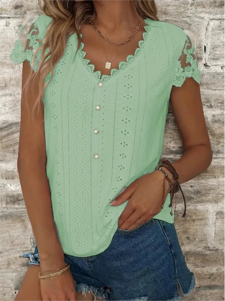 Women's Fashion V Neck Lace Shirt 2026 Summer New Women's Short Sleeve T-Shirt Loose T-Shirt Casual White Green Shirt Women