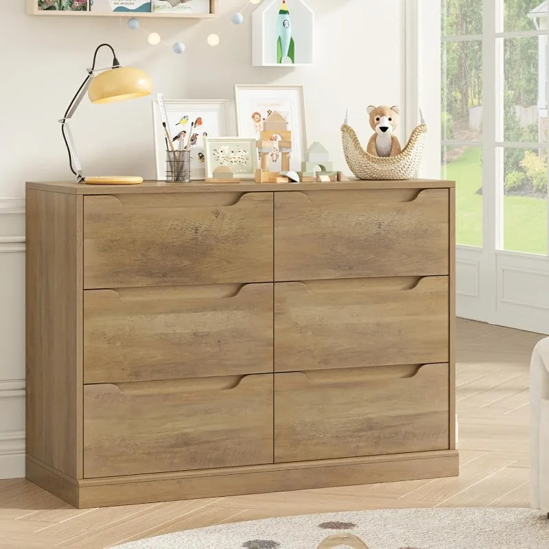 

Modern 6 Drawer Dresser for Bedroom, Double Chest of Drawers with Storage, Large Wooden Storage Dresser Organizer with C