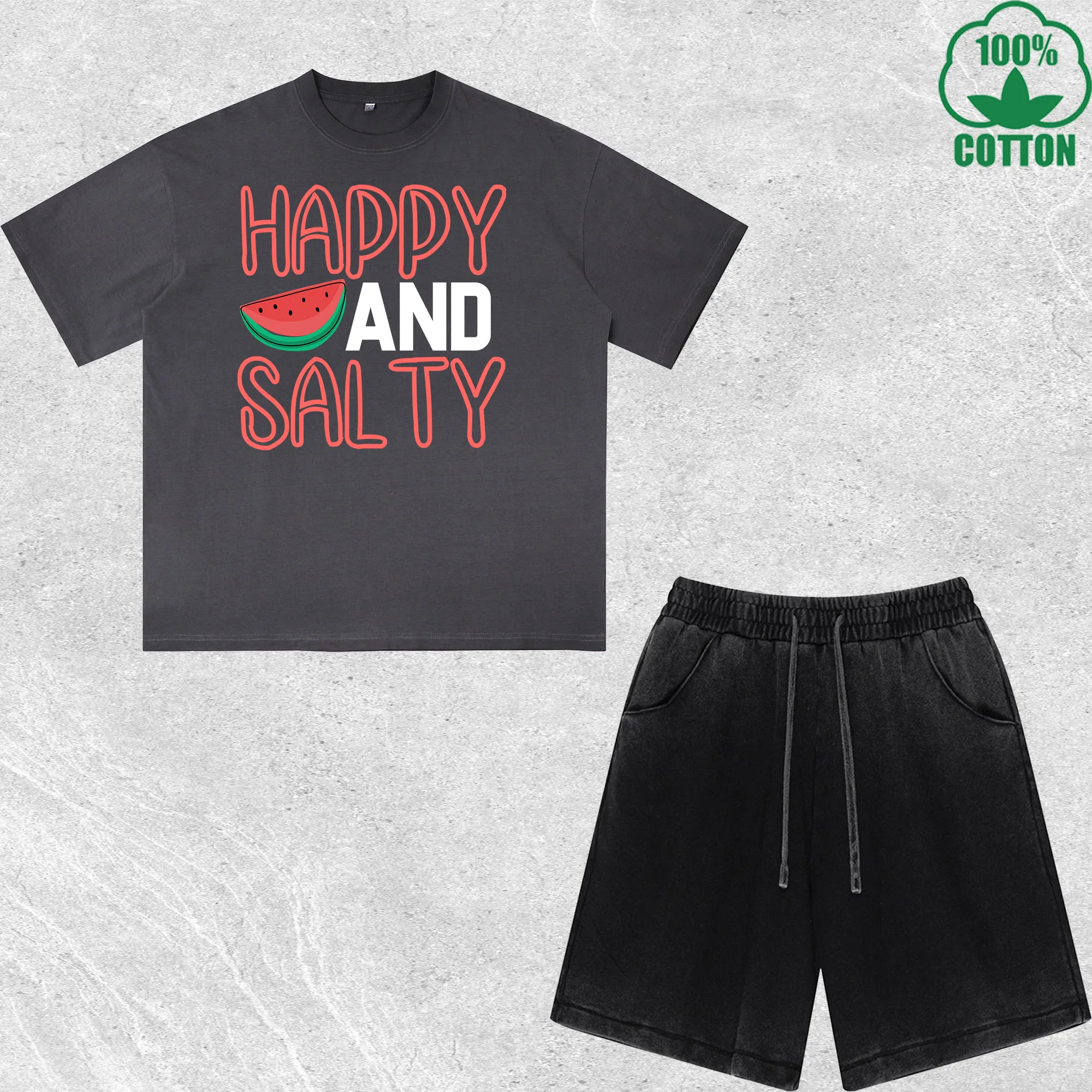 

Happy And Salty Printed Dirty Wash T-Shirt Shorts Set Combo Loose Trendy Fashionable 100%Cotton Black Suit