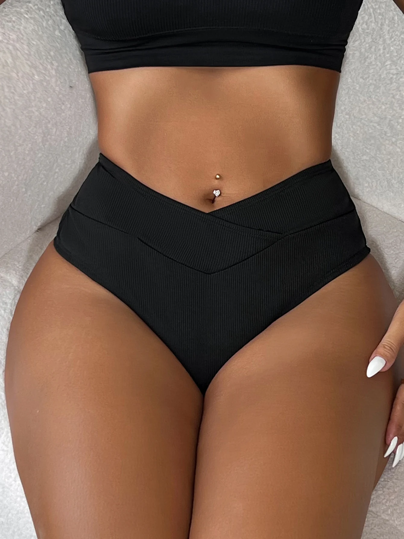 Women\'s high-waist beach shorts cross-cut swimsuit Bottom briefs Ladies Thong Swim Trunks Solid Color Pleated Thong Swimwear