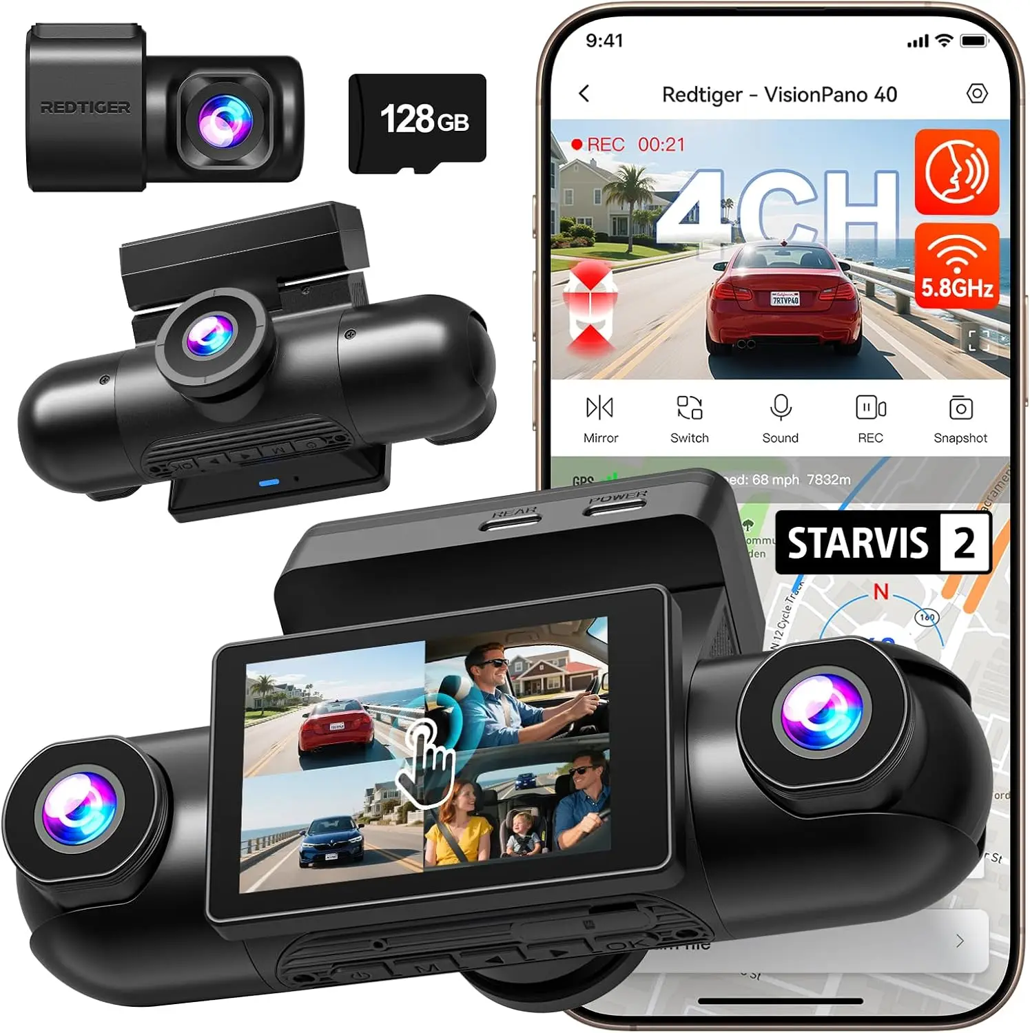 

4 Channel 360° Dash Cam with Dual STARVIS 2, 2.5K*2+1080P*2, WiFi, Night Vision, Adjustable Lenses, Includes 128GB Card