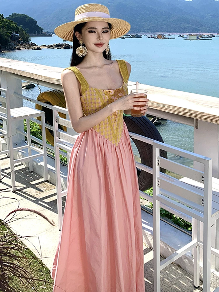 Robe de soirée trapèze rose pour femmes, élégante, couleur contrastée, couture, style Boho, Sexy, écharpe, plage, vacances