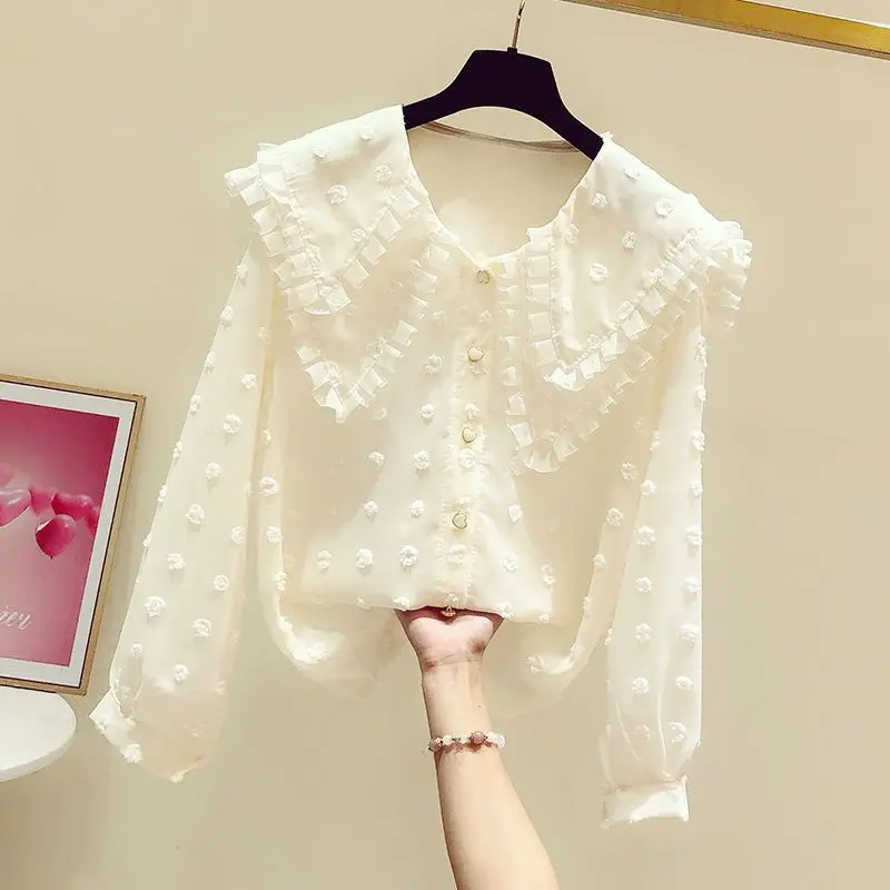 Korean Women Sweet Kawaii Ruffled Peter Pan Collar Solid Chiffon Shirt Fashion Casual Loose Long Sleeve Blouse Top Female Blusas