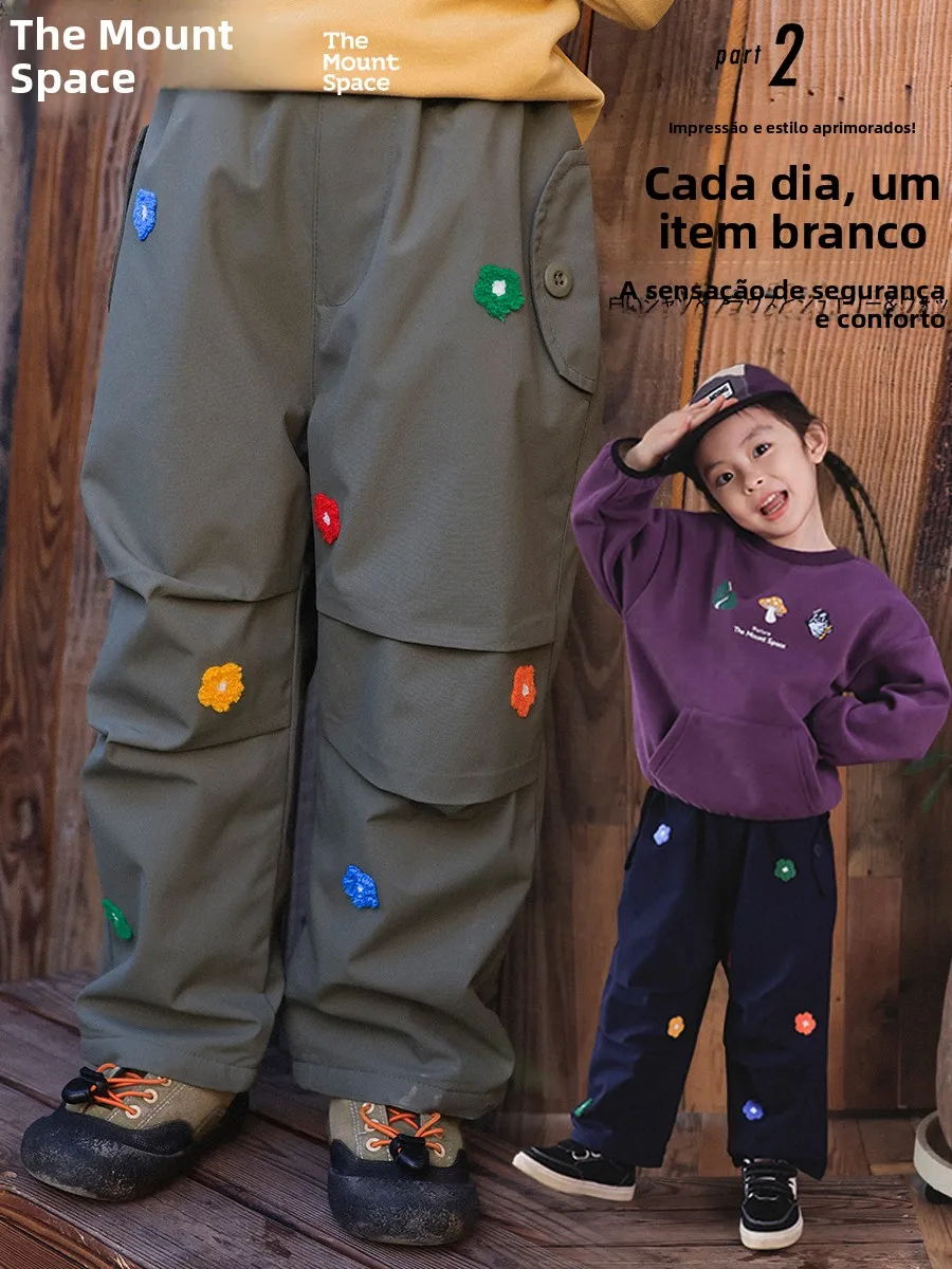 outdoor-girls-fleece-lined-pants-embroidered-pocket-workwear-long-trousers-children's-winter-fashion-straight-leg-pants