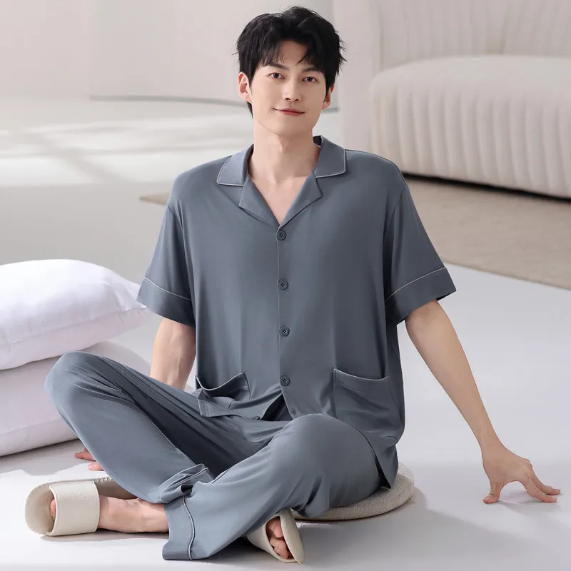Summer Breathable Men's Modal Pajama Set 2pcs Short Sleeve Cardigan Long Pants Loose Fit Nightwear 2026 New Design Male Pyjamas