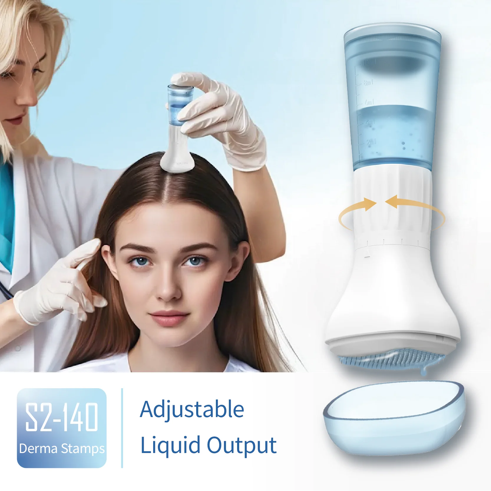 1 Unidade de Estampador de Microagulhas Derma Ajustável Hydra140 com 140 Agulhas para Rosto, Cabelo e Barba, Rolo Aqua, Comprimento da Agulha 0.25mm, Sem Sérum