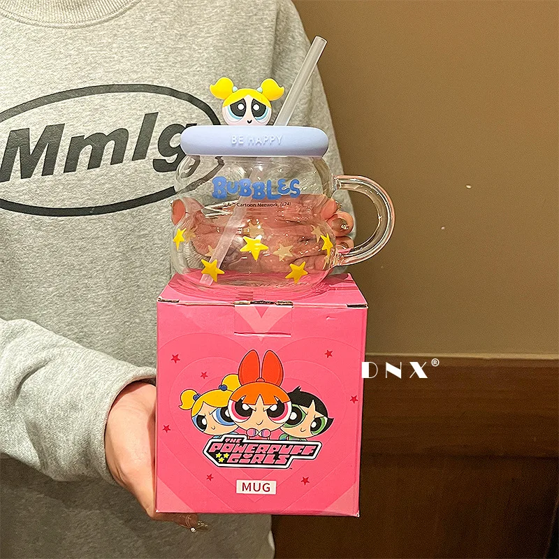 Buttercup Bubbles Blossom The Powerpuff Girls Cute Cartoon 650ML Glass Kawaii With Straw Included Water Cup Lovely Periphery