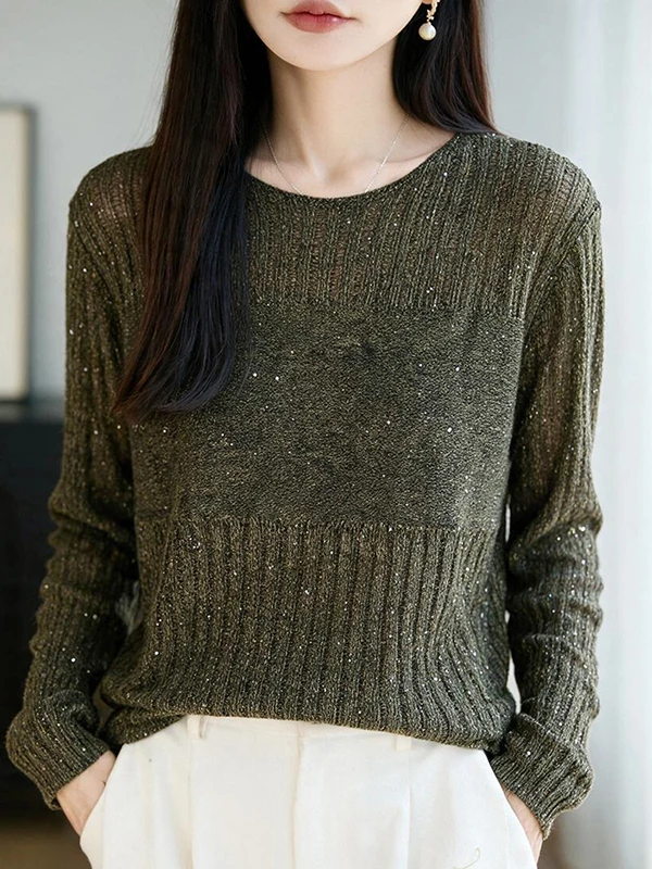 Fashionable Hollow out Knitted Sweater Women's Slimming Versatile Base Shirt Loose Casual Top High Light Floral Thread