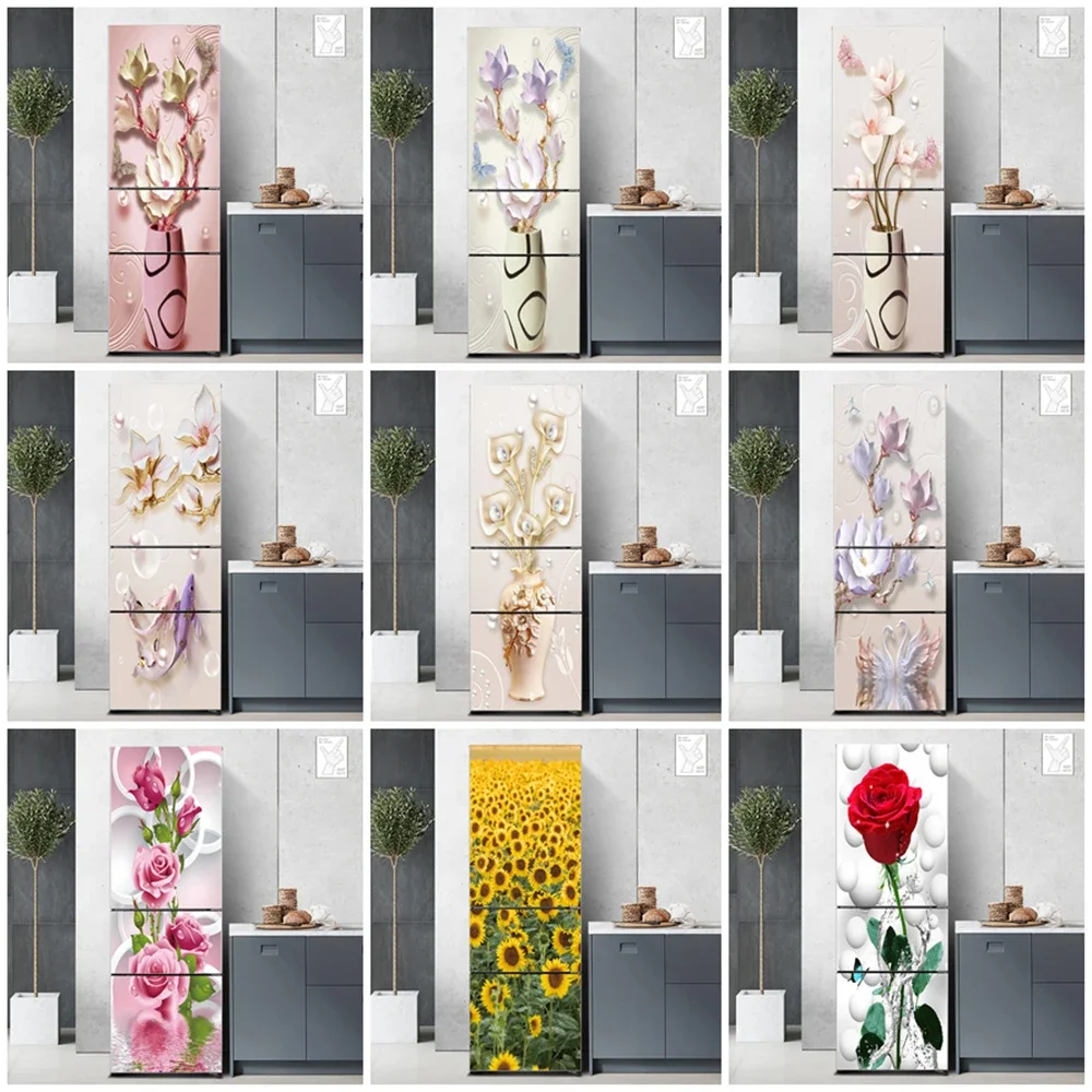 Fashion Flowers Refrigerator Magnet Full Door Cover Modern Art Fridge Sticker Self-adhesive Wallpaper Decal Kitchen Decor Mural