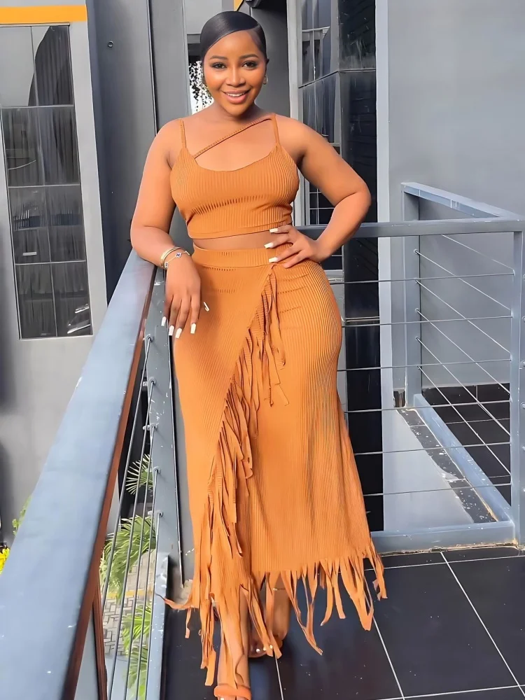 

Костюм Sister Star, сексуальный открывающийся короткий топ без рукавов, маленькая полоска, высокая талия, длинная юбка с бахромой, комплект из двух предметов