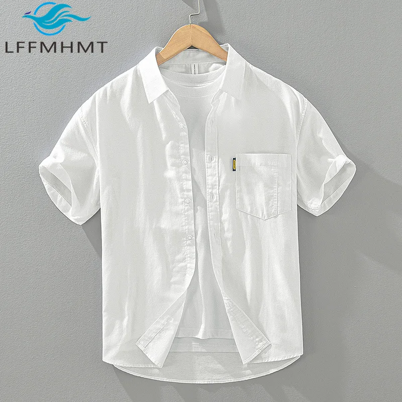 1268 Oxford Casual Shirt For Men Summer Fashion America Style Solid Color Simple Basic Short Sleeve Blouses Breathable Tops Male