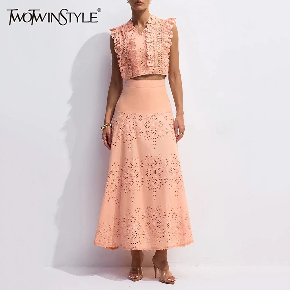 

TWOTWINSTYLE однотонные ажурные комплекты из двух предметов для женщин с v-образным вырезом без рукавов, топ с грибком, юбка с высокой талией, элегантный женский комплект
