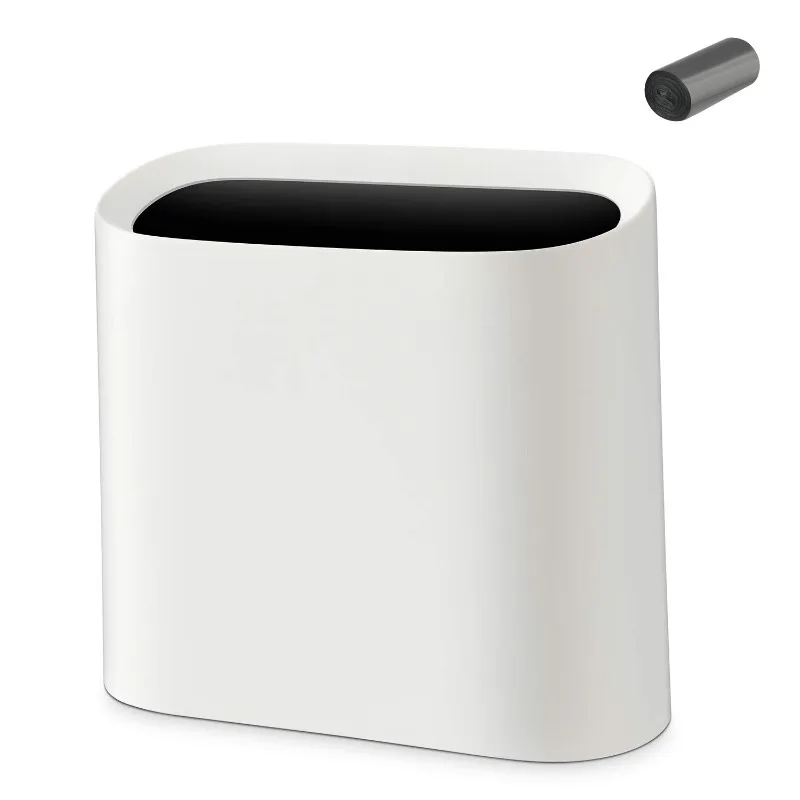 2.3 Gal Trash Can for Bathroom, Small Office Garbage Can for Kitchen, Slim Rectangular Waste Bin, Plastic, White