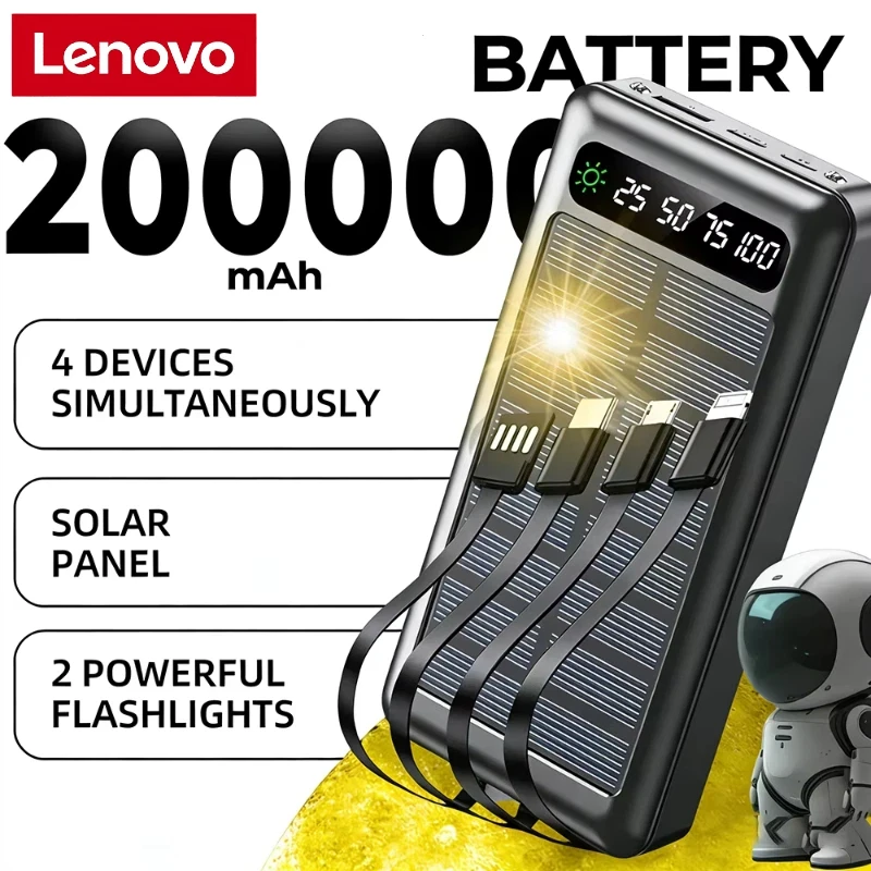 

Внешний аккумулятор Lenovo 200000 мАч на солнечной энергии, сверхбольшая емкость, 120 Вт, сверхбыстрая зарядка, USB Type-C, с LED-фонариком, для iPhone Samsung 2026