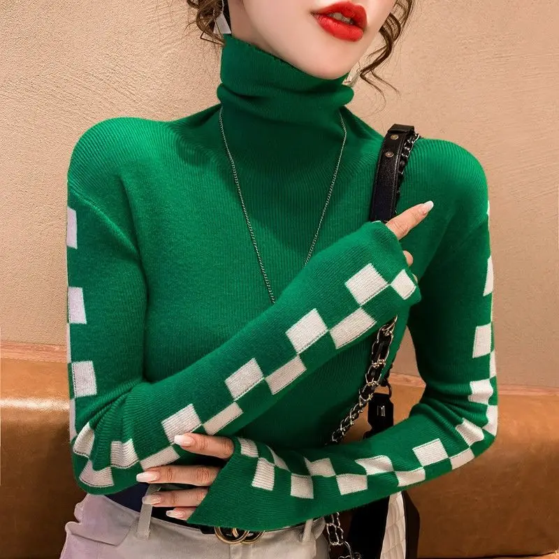 Knitted Women\'s 2023 Autumn and Winter New Korean Fashion All-match Solid Color Long Sleeved Turtleneck Slim Sweater Bottom Tops