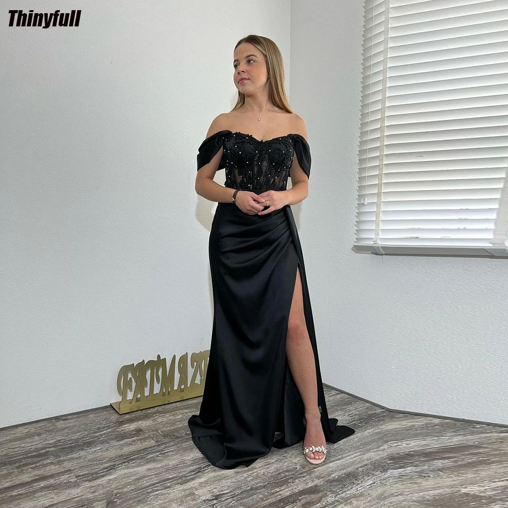 

Thinyfull Mermaid Black Evening Dresses Off Shoulder Sweetheart Prom Dress Appliques Satin Split Formal Occasion Party Gown 2024