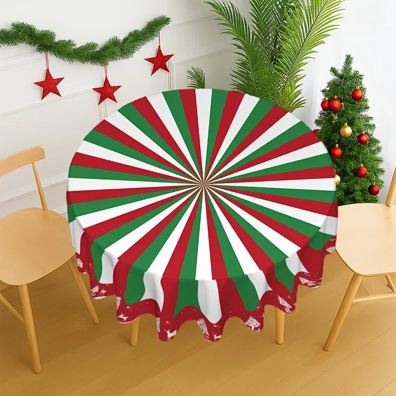 One red and green striped round tablecloth with elastic binding - 48 inches in length, made of polyester materialxzj