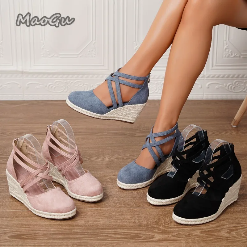 

Cross Strap Summer Fashion Espadrilles Wedge Sandals Suede Platforms Sandals Ladies Casual Comfortable Shoes Sandalias Mujer