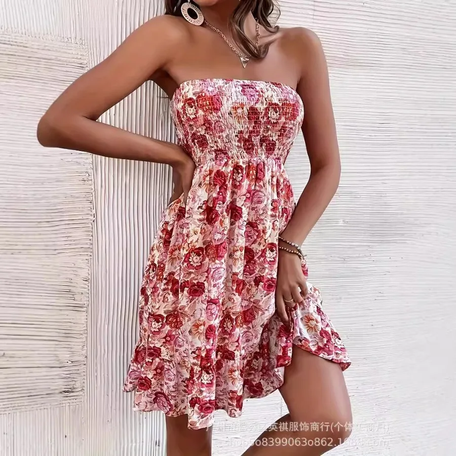 

【New style】 summer printed tube top suspender women's dress elegant all-matching lace backless hot girl