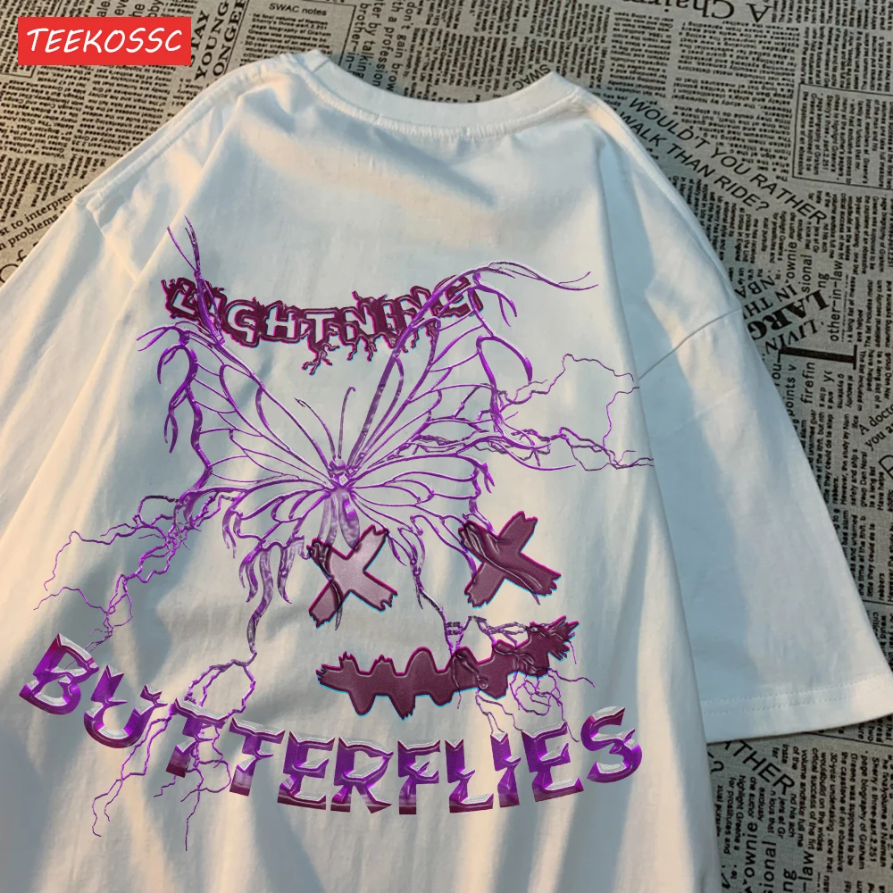 Summer Cotton Women T-Shirts Purple Lightning Butterflies Printing Streetwear Soft Breathable Oversize Casual Female Clothes