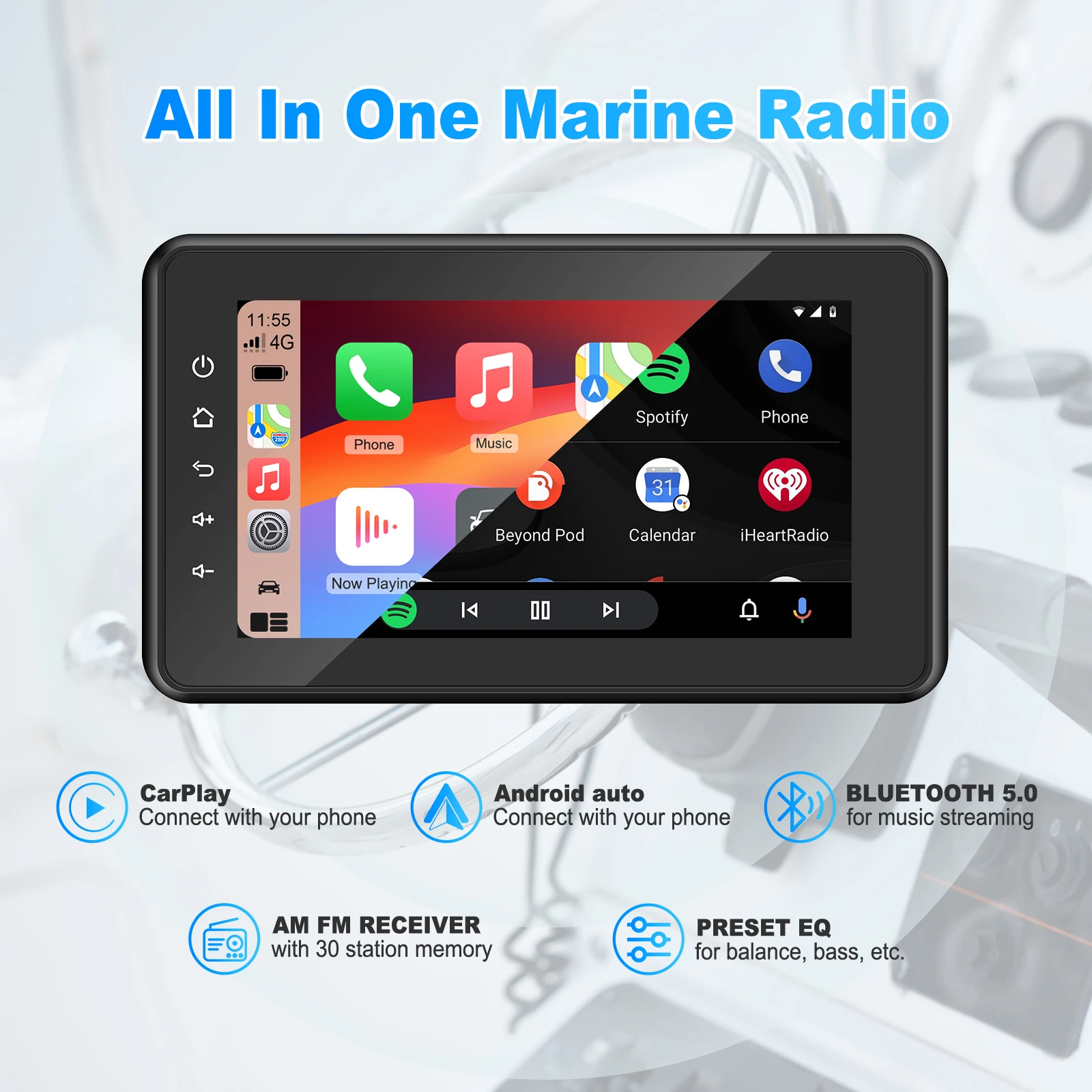 8 Inch Marine Multimedia Player Waterproof IPX6 USB Player Compatible With Bluetooth Wireless CarPlay Android Auto For boat ATV