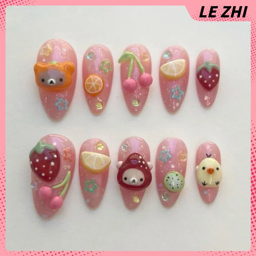 Kawaii 3D Bear Handmande Press On Fake Nails Sticker Coffee Pink Cream Style Almonds Customizable Party Cartoon Nail Sticker