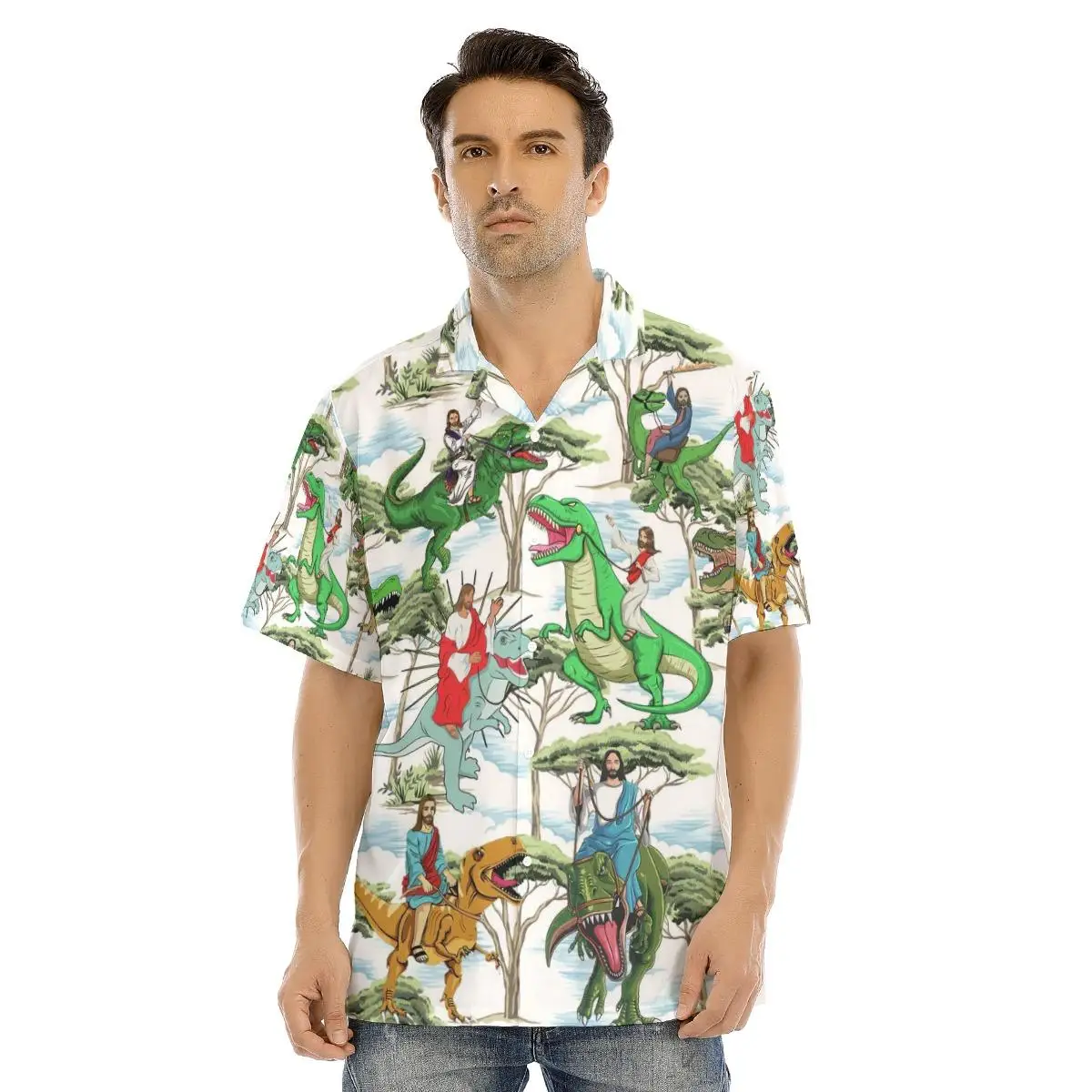 

New Hawaiian Shirt for Men Jesus Rides Dinosaurs Funny Print Casual Breathable Short Sleeve Summer Shirts Streetwear