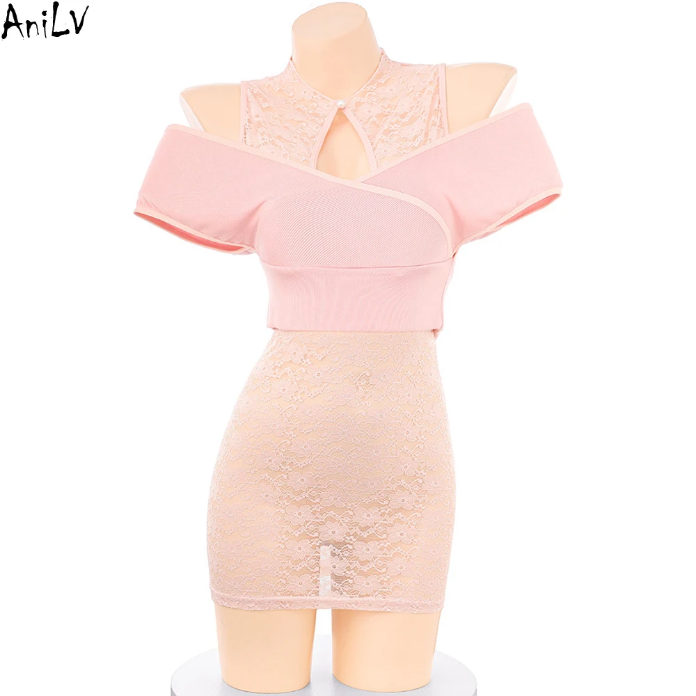 

AniLV Chinese Lace Cheongsam Sexy Lingerie Outfit Anine Girl Pink Chipao Dress Pajamas Erotic Costumes Cosplay
