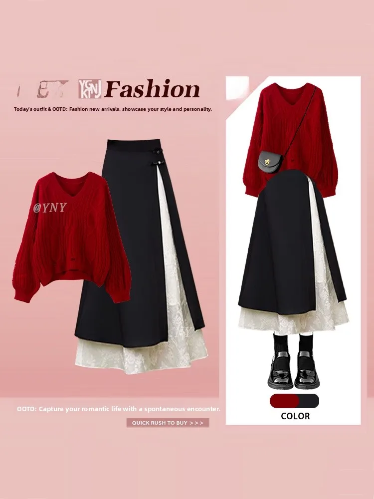 plus Size Winter Knitted Sweater Me Splice ort Hole Design Casual Sle High Waist Skirt Set for Women Casual Ocns