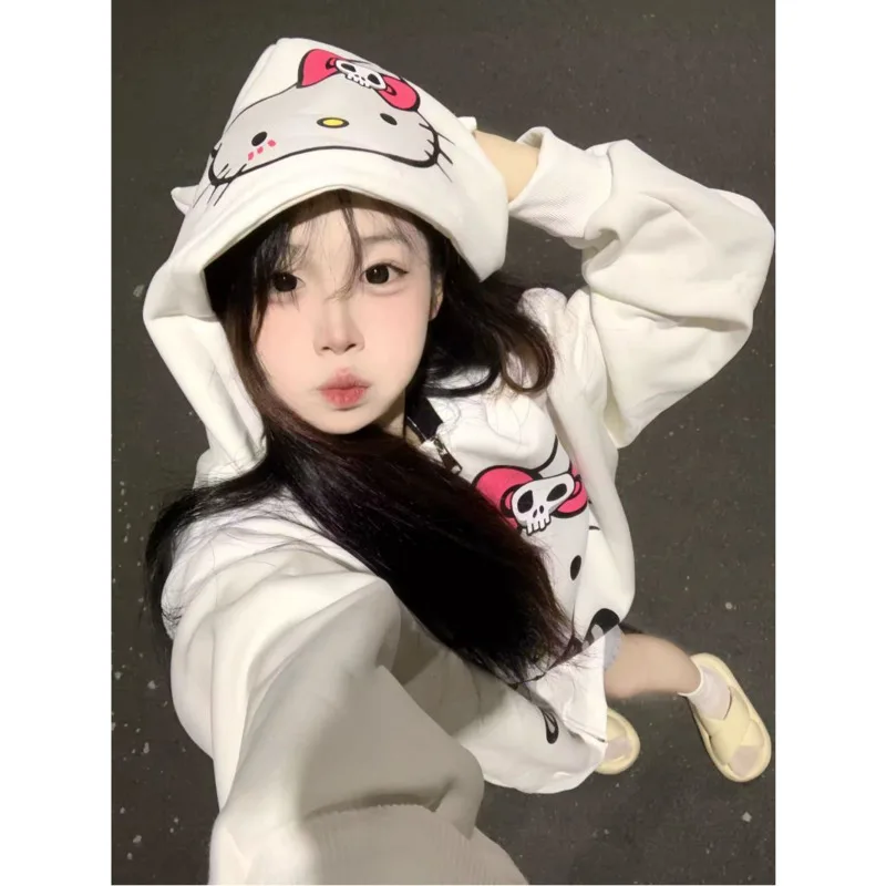 

Sanrio Hello Kitty Cute Cartoon Printed Zipper Hoodie Women Fashion Loose Casual Hooded Top Simple Design Niche Versatile Coat